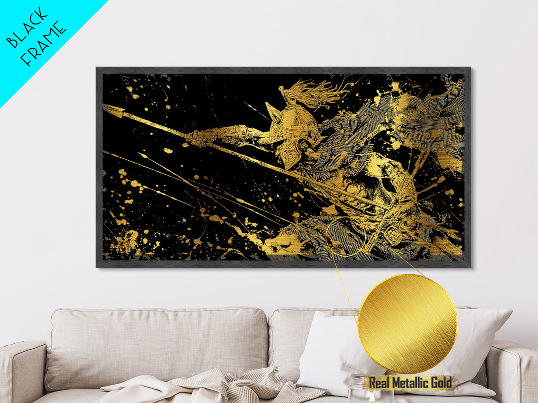 Metallic Gold Art of Warrior with Flowing Cape and Spear, Ornate Armor and Dynamic Battle Pose, Wood Framed Map Wall Art for History