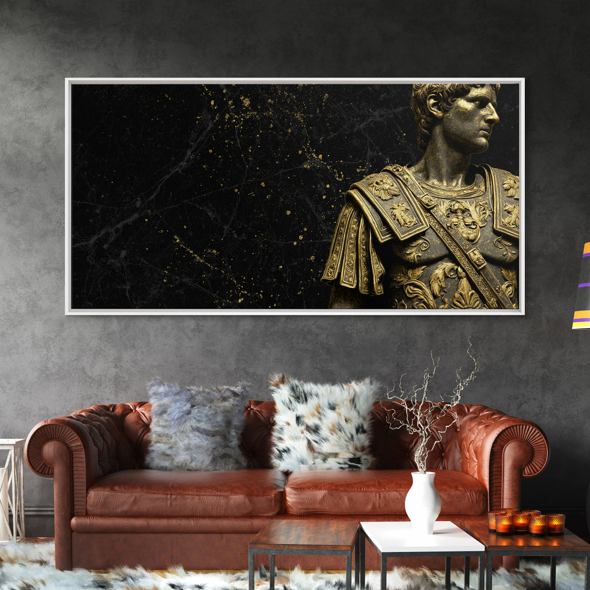 Ancient Roman Emperor Statue Gold Canvas Print, Luxurious Black Marble Background, Classical Warrior Art, Regal Home Decor