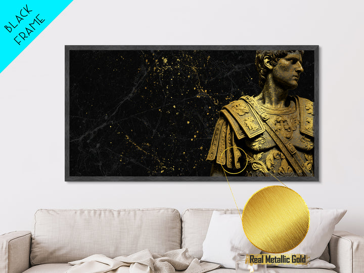 Ancient Roman Emperor Statue Metallic Gold Metal Print, Luxurious Black Marble Background, Classical Warrior Art, Regal Home Decor