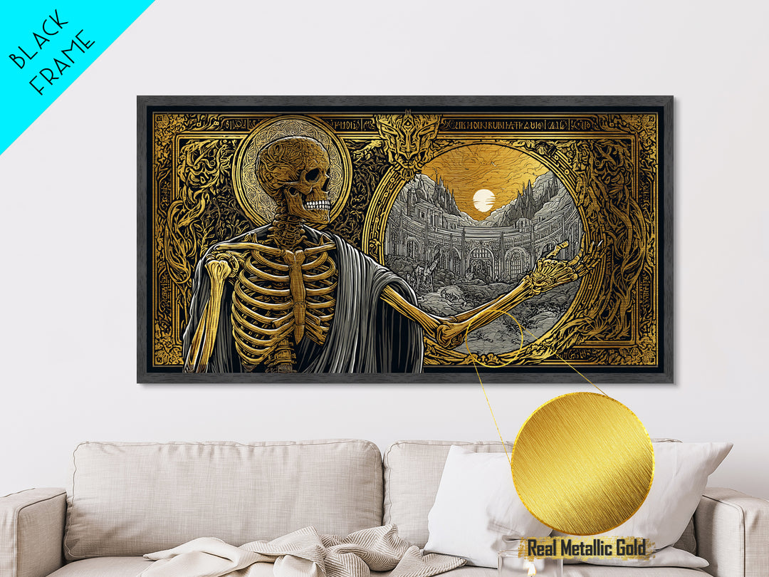 Skeleton Pointing to Ancient Arena Metallic Gold Art, Gothic Medieval Scene, Ornate Frame Design, Dark Fantasy Wall Decor