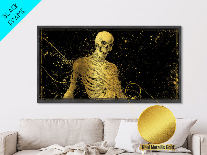 Golden Anatomical Skeleton on Black Starfield Metallic Gold Metal Print, Macabre Anatomy Illustration, Gothic Horror Home Art
