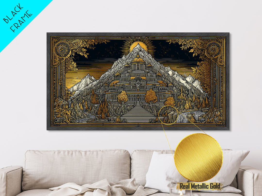 Mythical Mountain Fortress Metallic Gold Art, Grand Palace in Majestic Peaks, Fantasy Landscape Illustration, Epic Home Wall Decor