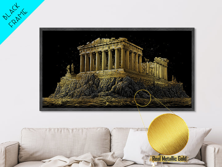 Ancient Greek Temple on Rocky Shore Metallic Gold Metal Print, Classical Architecture Illustration, Historic Landmark Wall Art