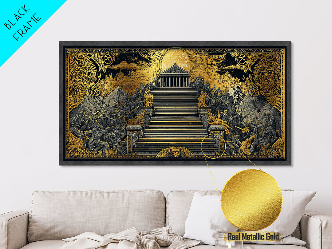 Mythic Battle at Temple Stairs Metallic Gold Art, Epic Fantasy Scene, Heroic Warriors and Gods, Dramatic Home Wall Decor
