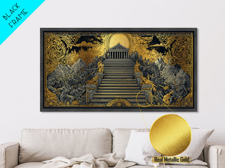 Mythic Battle at Temple Stairs Metallic Gold Art, Epic Fantasy Scene, Heroic Warriors and Gods, Dramatic Home Wall Decor