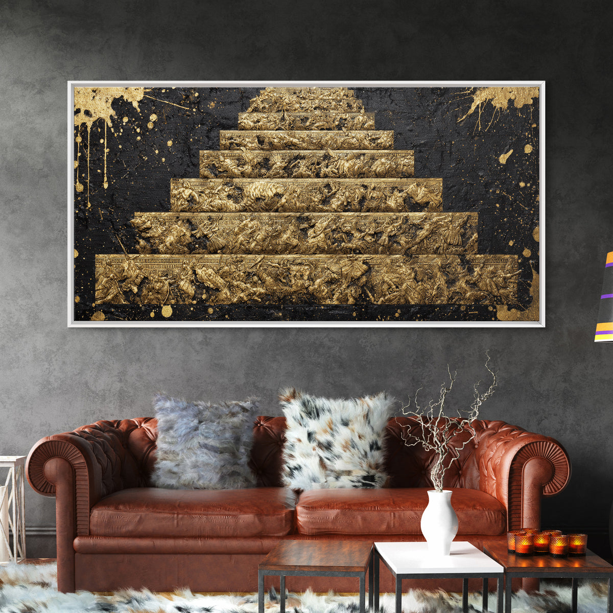 Ancient War Scene on Pyramid Steps Gold Canvas Print, Historic Battle Relief Sculpture, Regal Classical Home Art