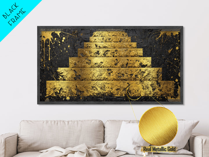 Ancient War Scene on Pyramid Steps Metallic Gold Metal Print, Historic Battle Relief Sculpture, Regal Classical Home Art