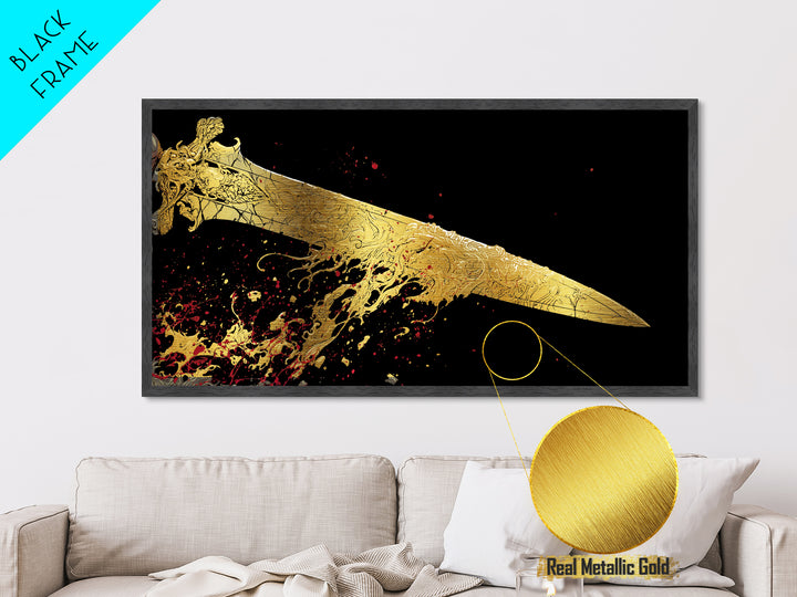 Golden Ornate Sword, Metallic Gold Metal Print, Real Wood Frame, Dramatic Fantasy Weapon Art, Mythology Wall Decor
