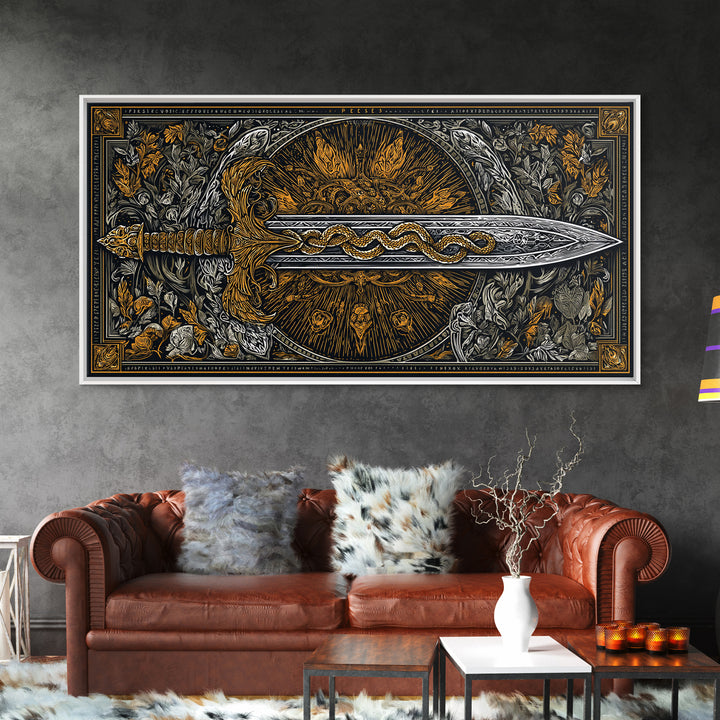 Intricate Sword with Serpent Design Gold Canvas Art, Fantasy Weapon Illustration, Ornate Blade Wall Decor for Collectors