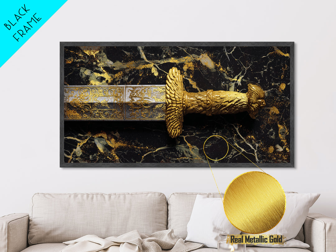 Golden Sword Hilt with Lion Design Metallic Gold Art, Ornate Weapon Photography, Luxurious Warrior Decor, Classical Battle Theme