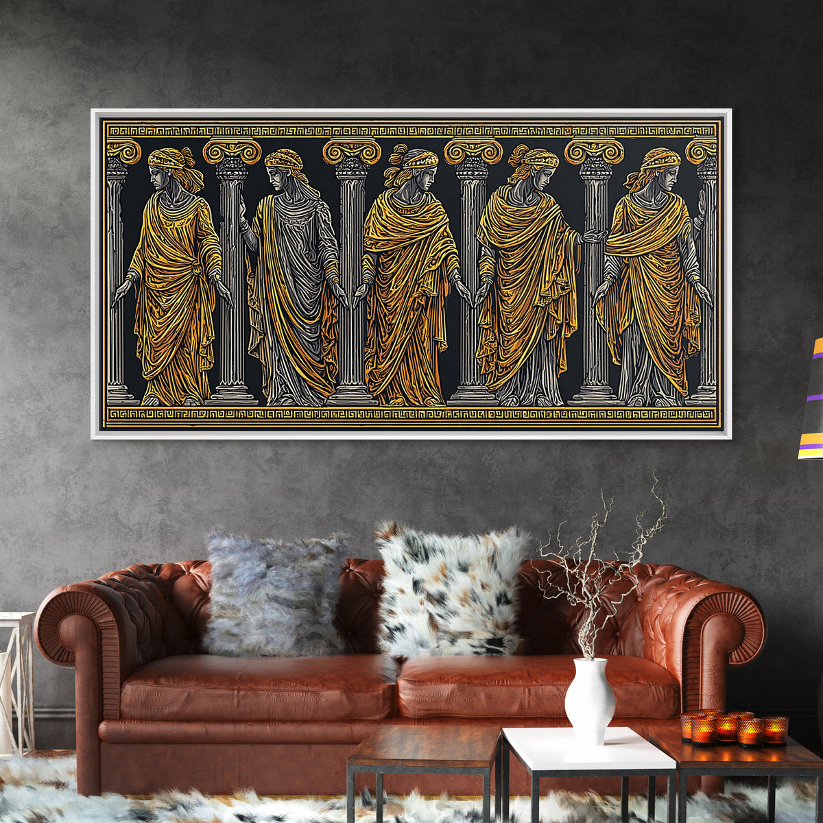 Ancient Greek Caryatid Columns, Detailed Architecture Wall Decor, Gold Canvas Print, Classical Sculpture Artwork