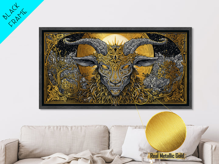 Mythical Goat Head Artwork, Intricate Horned Beast Design, Metallic Gold Art, Fantasy Wall Decor, Dark Gothic Illustration