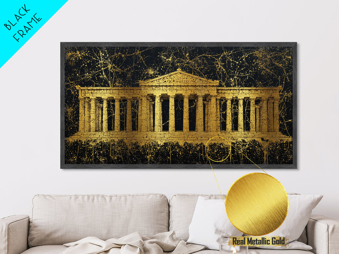 Greek Parthenon Temple Art, Splatter Paint Architecture Print, Metallic Gold Metal Print, Classical Greece Wall Decoration