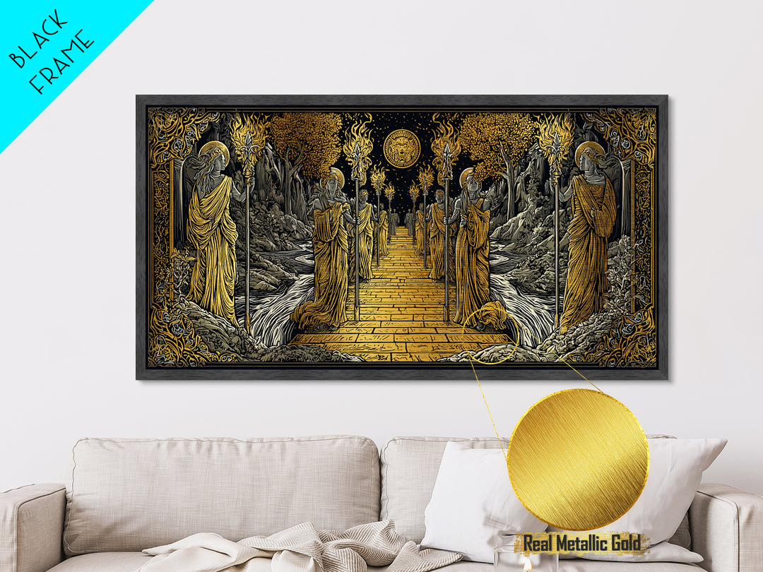 Greek Torchbearer Pathway Scene, Mythic Procession Illustration, Metallic Gold Art, Ancient Greece Wall Decor, Temple Artwork