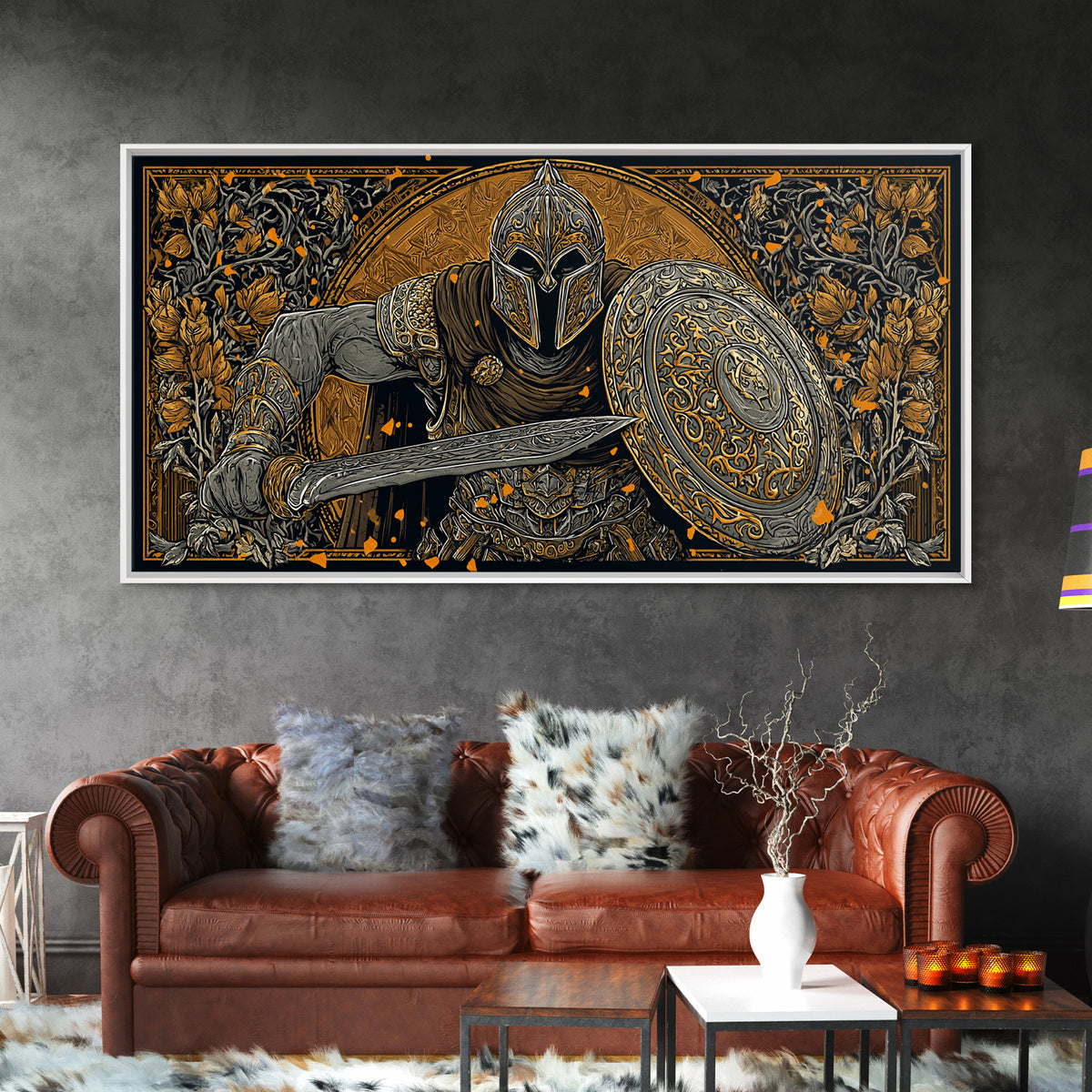 Ancient Greek Warrior With Sword And Shield, Intricate Armor Design, Gold Canvas Print, Classical Battle Wall Art