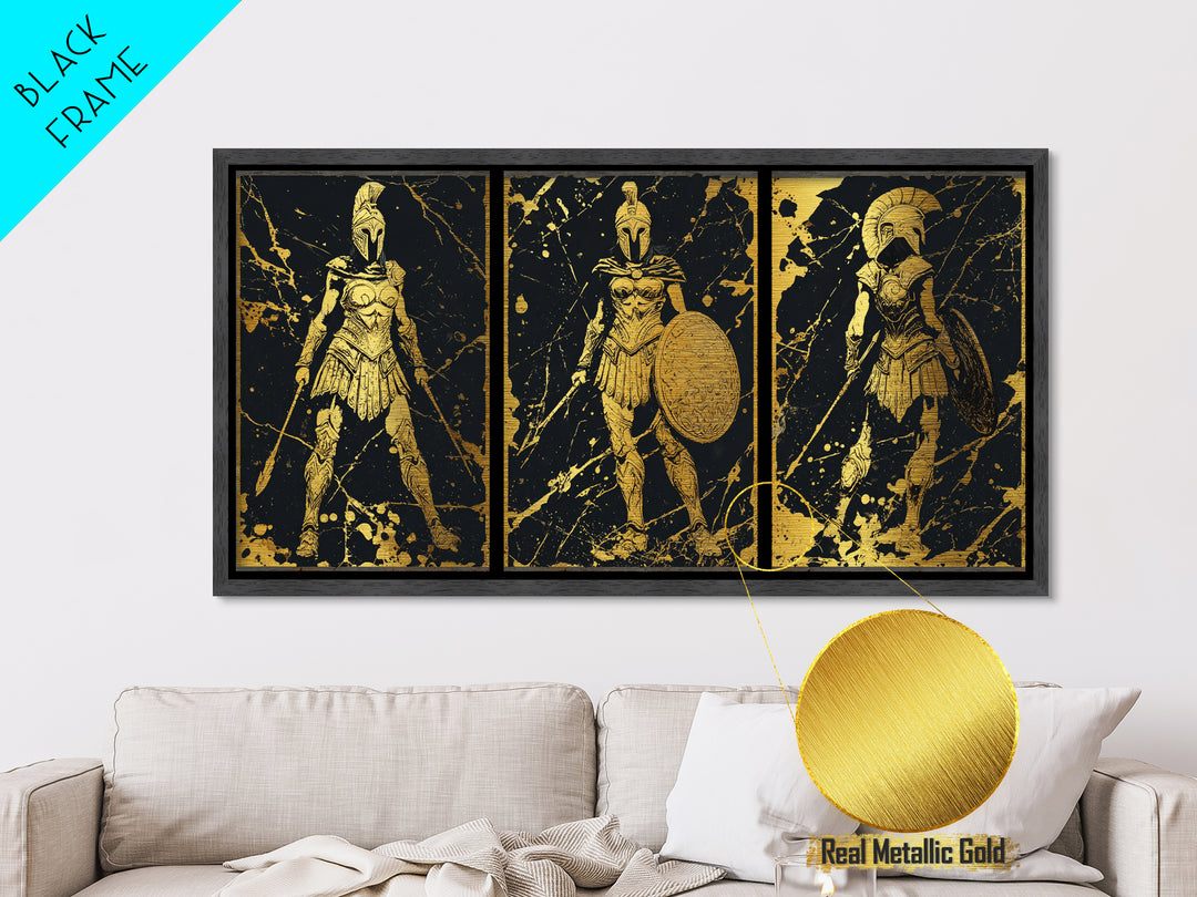 Greek Warrior Triptych Print, Spartan Female Soldiers Artwork, Metallic Gold Art, Ancient Greece Wall Decor, Mythic Battle Scene