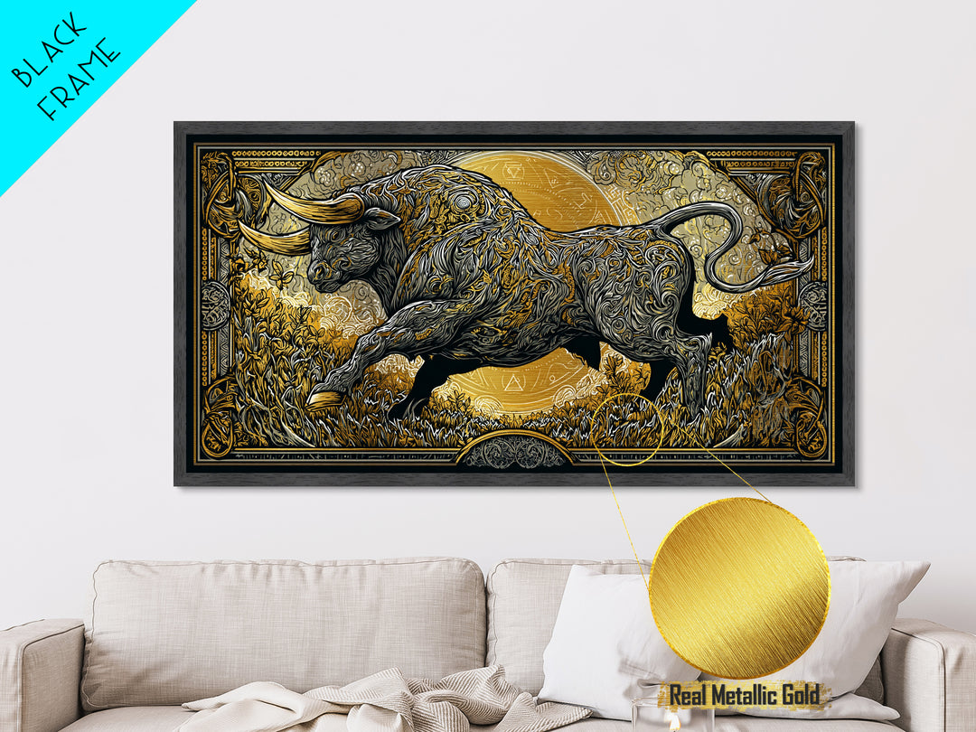 Golden Bull In Ornate Frame, Metallic Gold Art, Real Wood Frame, Symbolic Animal Wall Decor, Strength And Power