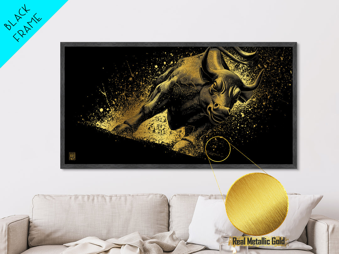 Charging Golden Bull, Metallic Gold Metal Print, Real Wood Frame, Dynamic Animal Wall Art, Powerful Bull Illustration