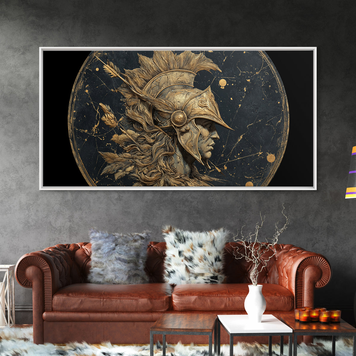 Ancient Warrior Profile Sculpture, Greek Helmet And Feathers, Gold Canvas Art, Classical Relief Wall Decor, Heroic Figure Artwork
