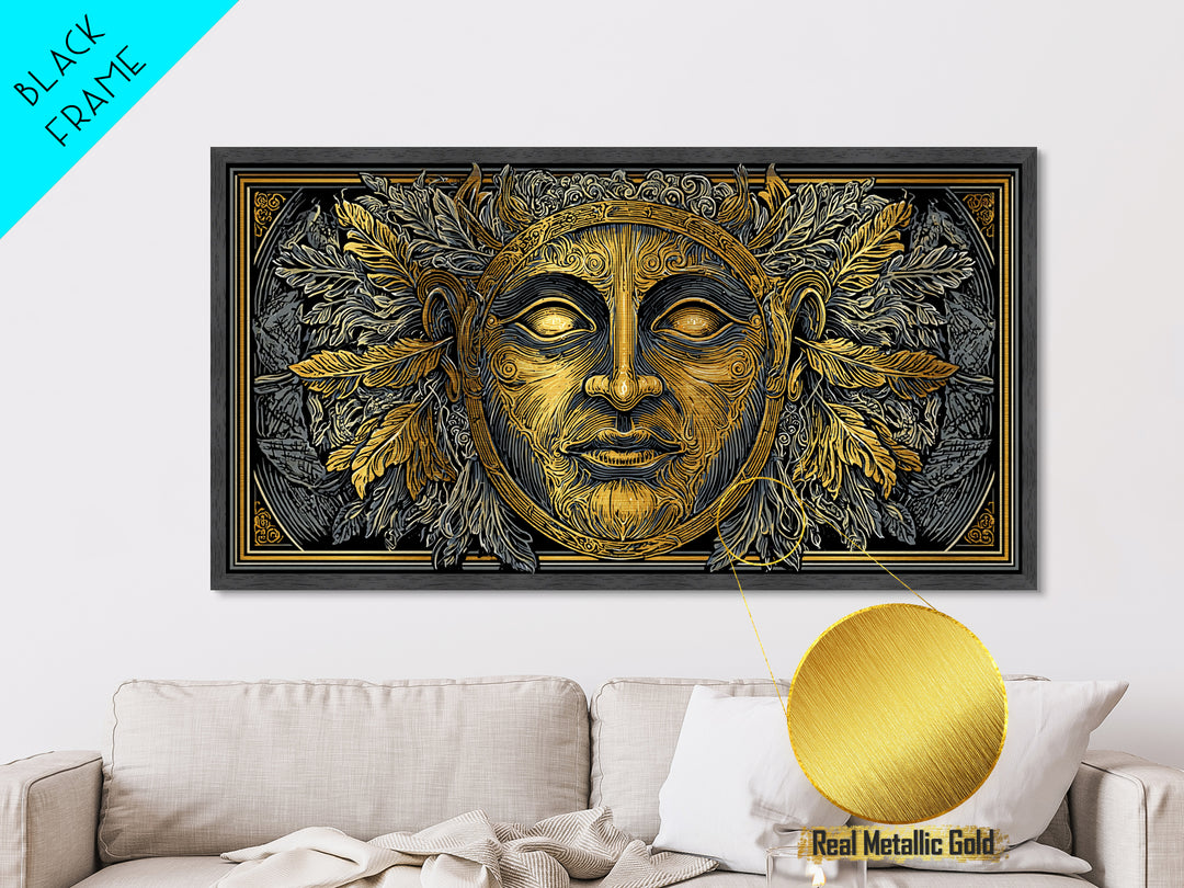 Mythic Sun God Face Artwork, Ornate Leaf And Feather Design, Metallic Gold Metal Print, Ancient Greece Wall Decor, Celestial Art