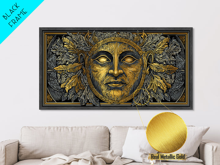 Mythic Sun God Face Artwork, Ornate Leaf And Feather Design, Metallic Gold Metal Print, Ancient Greece Wall Decor, Celestial Art