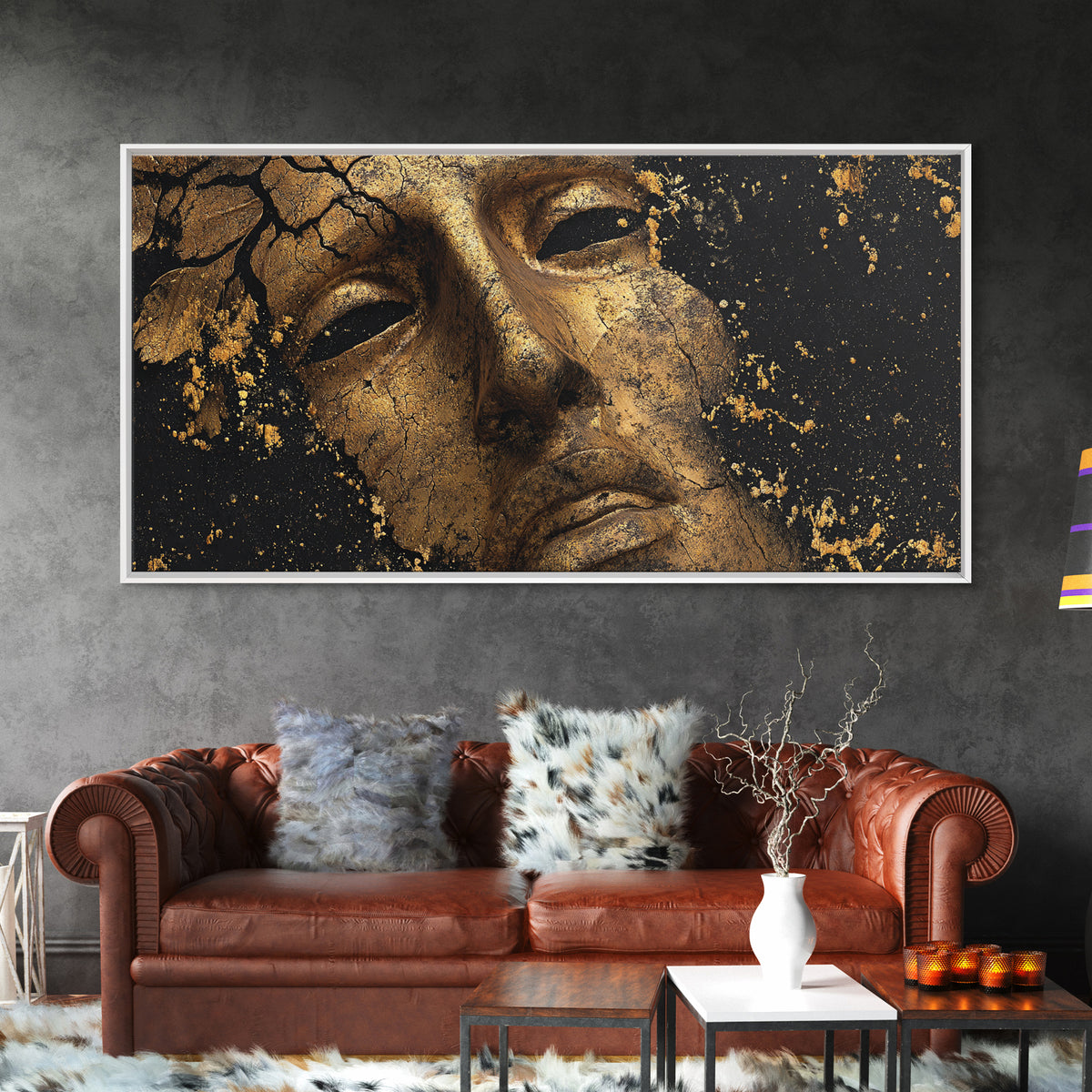 Cracked Golden Face Sculpture, Ancient Greek Mask Artwork, Gold Canvas Art, Classical Wall Decoration, Timeless Antiquity Print