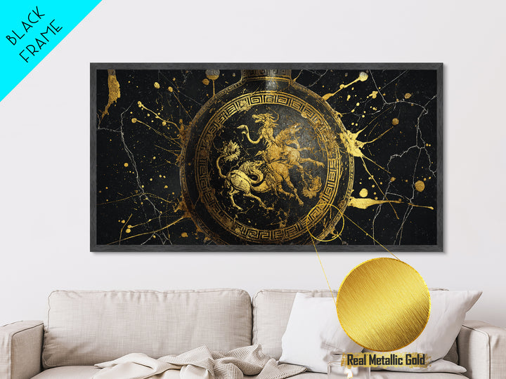 Greek Amphora Mythological Battle Scene, Metallic Gold Art, Ancient Greek Pottery Design, Classic Museum Style Wall Decor Print