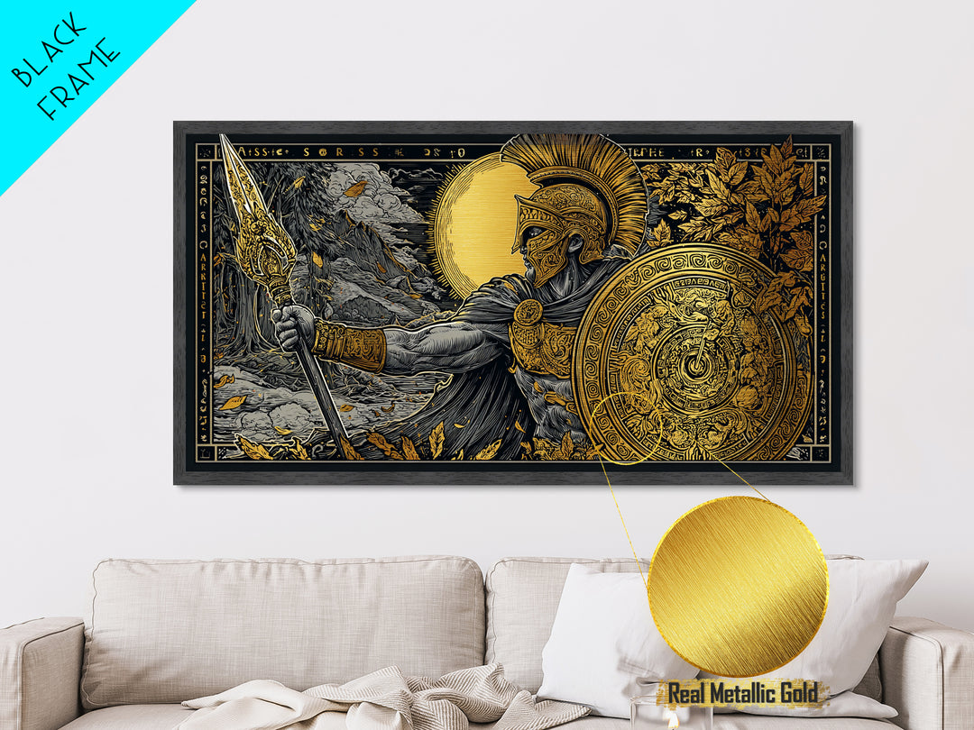 Ares Greek Warrior God With Spear And Shield, Metallic Gold Art, Heroic Mythological Wall Decor, Luxury Classical Home Accent