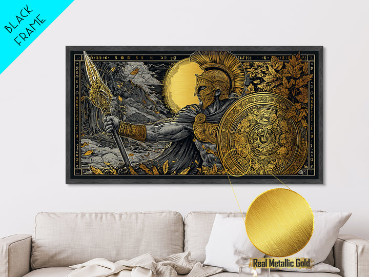 Ares Greek Warrior God With Spear And Shield, Metallic Gold Art, Heroic Mythological Wall Decor, Luxury Classical Home Accent