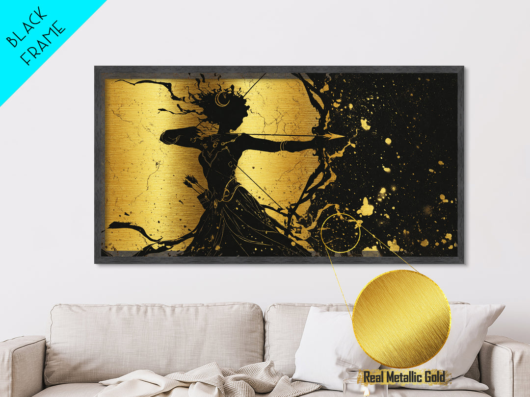 Artemis Goddess Of The Hunt And Moon, Metallic Gold Art, Elegant Greek Mythology Wall Decor, Celestial Classical Home Accent