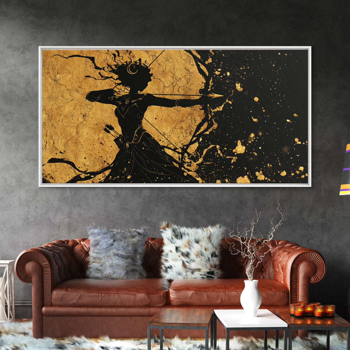 Artemis Goddess Of The Hunt And Moon, Gold Canvas Art, Elegant Greek Mythology Wall Decor, Celestial Classical Home Accent