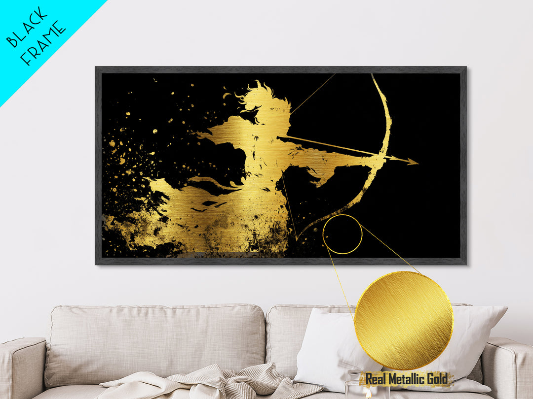 Artemis Greek Huntress Goddess Silhouette, Metallic Gold Metal Print, Moonlit Mythology Wall Art, Elegant Classic Home Design