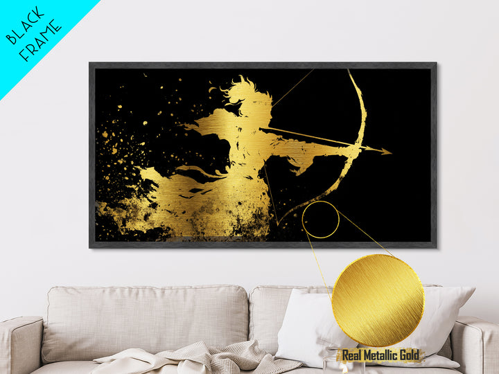 Artemis Greek Huntress Goddess Silhouette, Metallic Gold Metal Print, Moonlit Mythology Wall Art, Elegant Classic Home Design