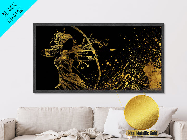 Artemis Greek Goddess Archer Silhouette, Metallic Gold Art, Celestial Mythology Wall Decor, Elegant Classical Home Accent Piece