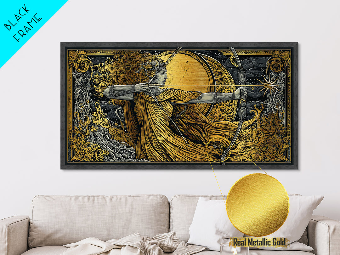 Artemis Goddess Archer With Golden Moon, Metallic Gold Metal Print, Greek Mythology Wall Art, Classic Elegant Home Decor Piece