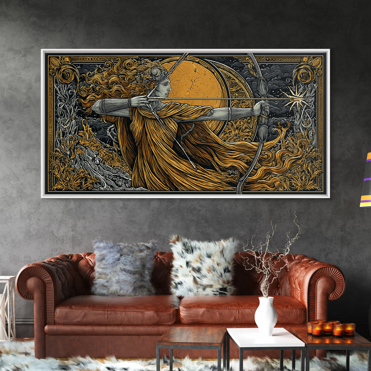 Artemis Goddess Archer With Golden Moon, Gold Canvas Print, Greek Mythology Wall Art, Classic Elegant Home Decor Piece