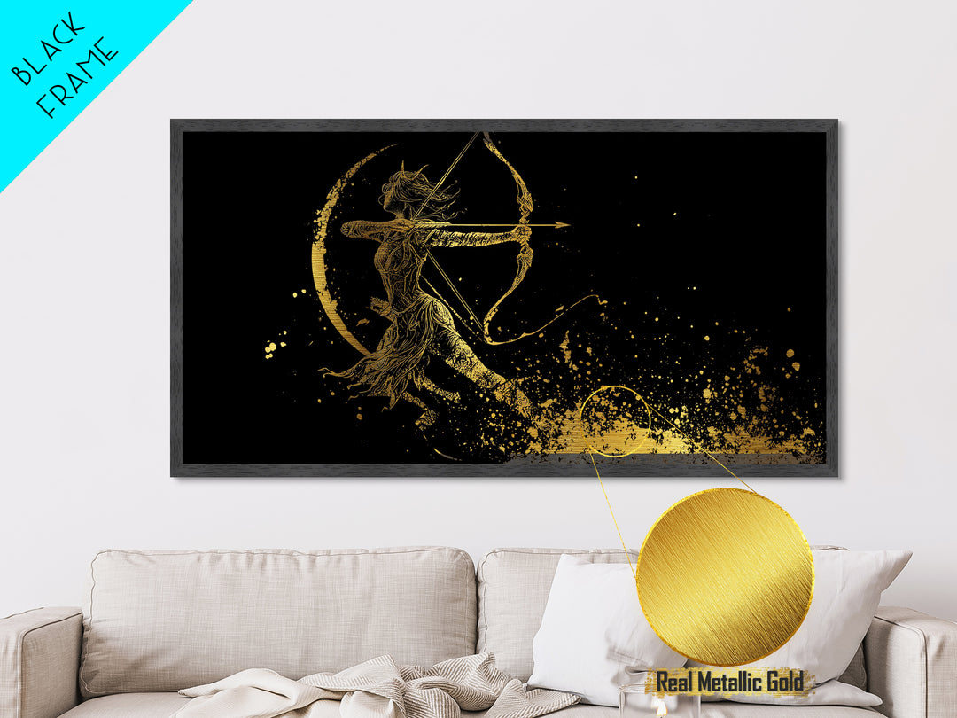 Metallic Gold Art Of Artemis Greek Goddess Archer, Black Background, Elegant Moon And Bow Design, Panoramic Mythology Wall Art