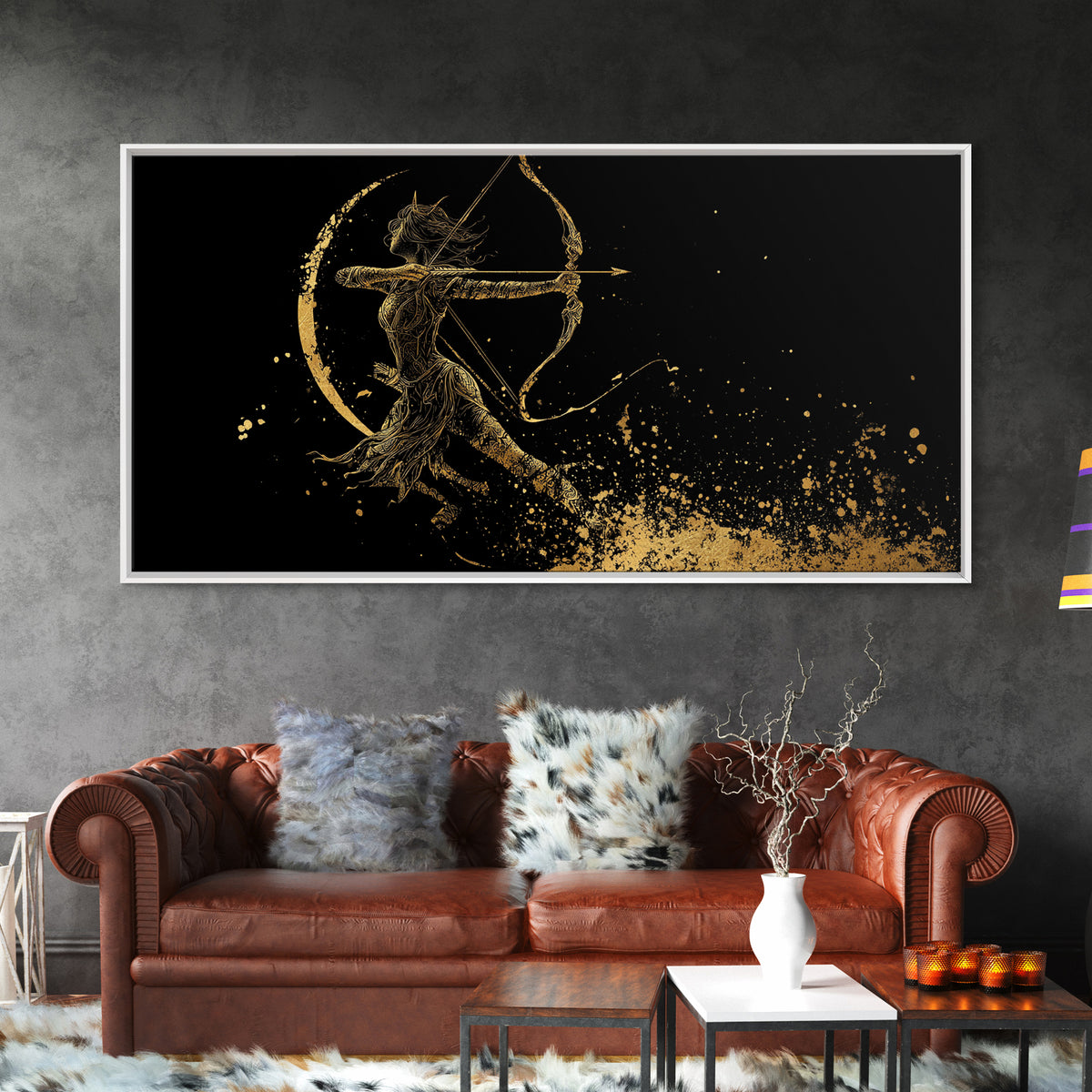Gold Canvas Art Of Artemis Greek Goddess Archer, Black Background, Elegant Moon And Bow Design, Panoramic Mythology Wall Art