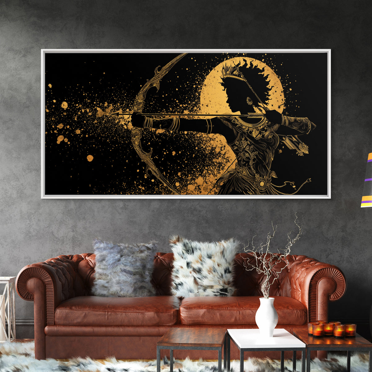 Gold Canvas Print Of Artemis Greek Goddess Archer, Regal Profile, Detailed Bow And Arrow, Panoramic Fantasy Wall Decor