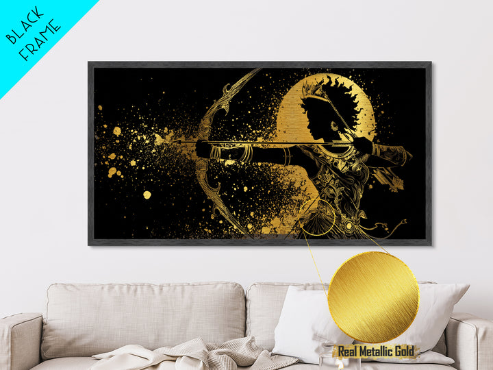 Metallic Gold Metal Print Of Artemis Greek Goddess Archer, Regal Profile, Detailed Bow And Arrow, Panoramic Fantasy Wall Decor