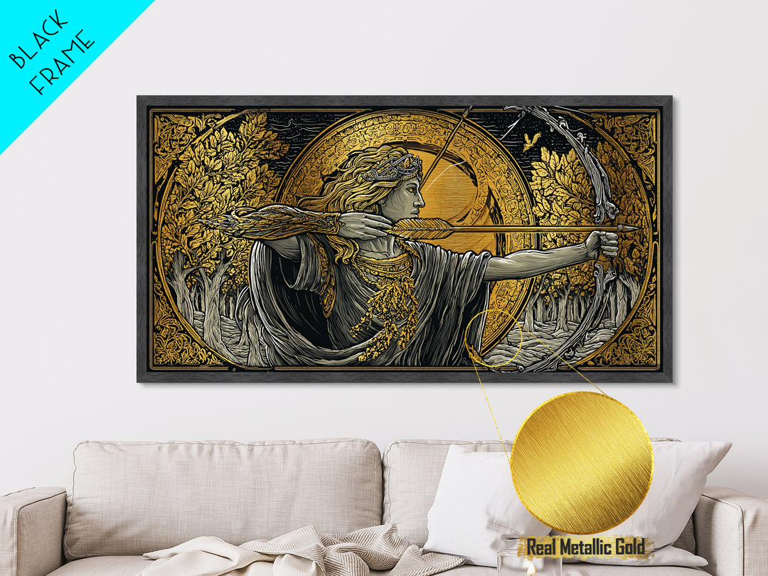 Metallic Gold Art Of Artemis Greek Goddess Archer, Classical Ornate Frame, Mythological Forest Scene, Panoramic Greek Wall Print