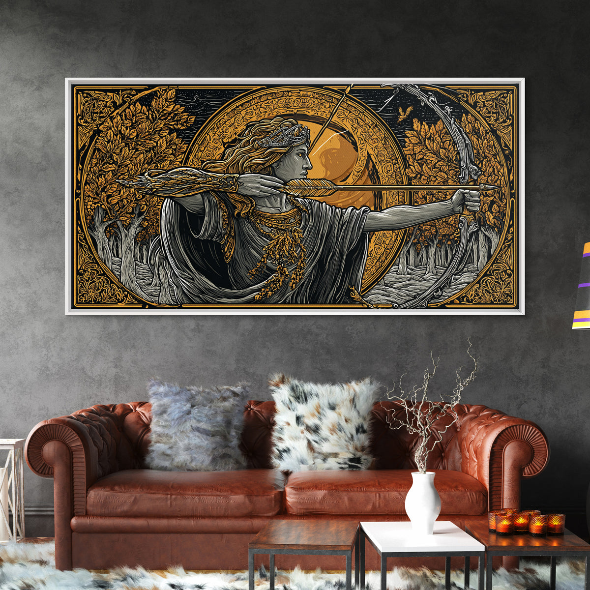 Gold Canvas Art Of Artemis Greek Goddess Archer, Classical Ornate Frame, Mythological Forest Scene, Panoramic Greek Wall Print