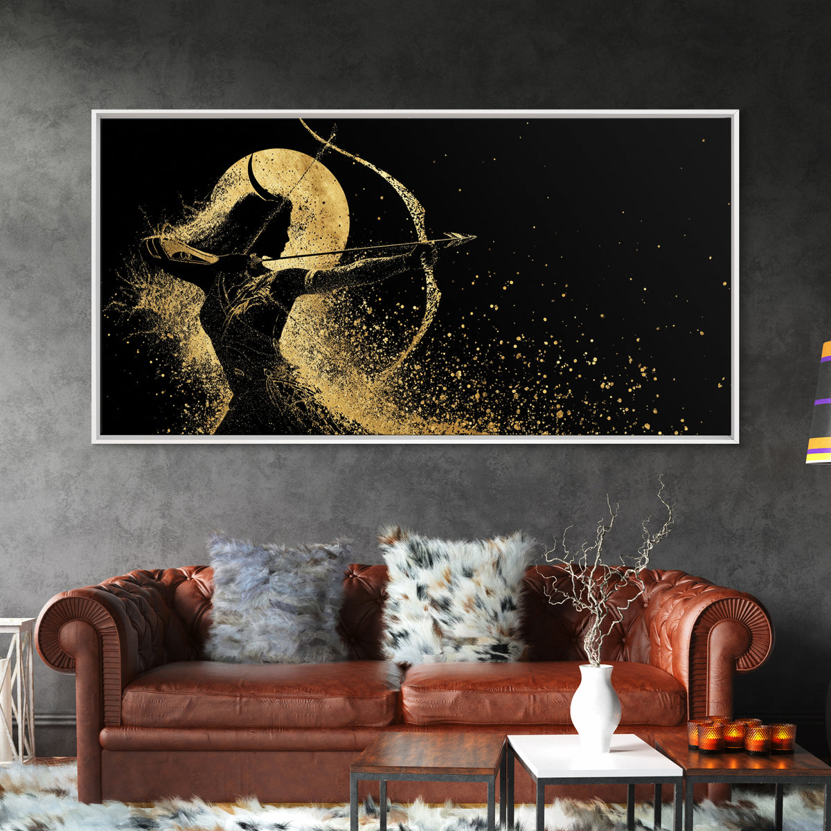 Gold Canvas Print Of Artemis Greek Goddess Archer, Full Moon Silhouette, Gold Splatter Effect, Panoramic Elegant Wall Art