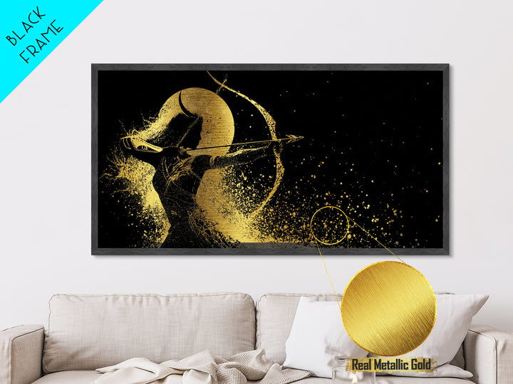 Metallic Gold Metal Print Of Artemis Greek Goddess Archer, Full Moon Silhouette, Gold Splatter Effect, Panoramic Elegant Wall Art