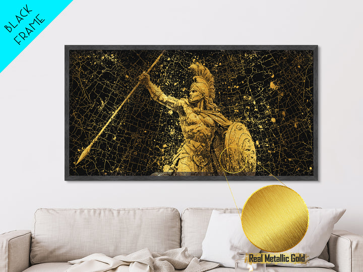Metallic Gold Art Of Athena Greek Goddess Warrior, Ancient Greek Armor And Spear, Gold Splatter Mosaic, Panoramic Battle Wall Print