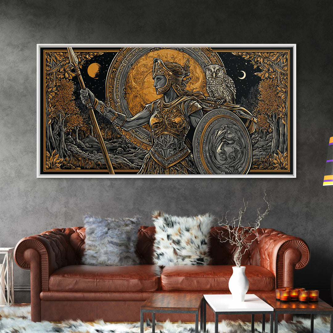 Gold Canvas Print Of Athena Greek Goddess Warrior, Ornate Armor And Owl, Mythology Forest Scene, Panoramic Greek Wall Decor