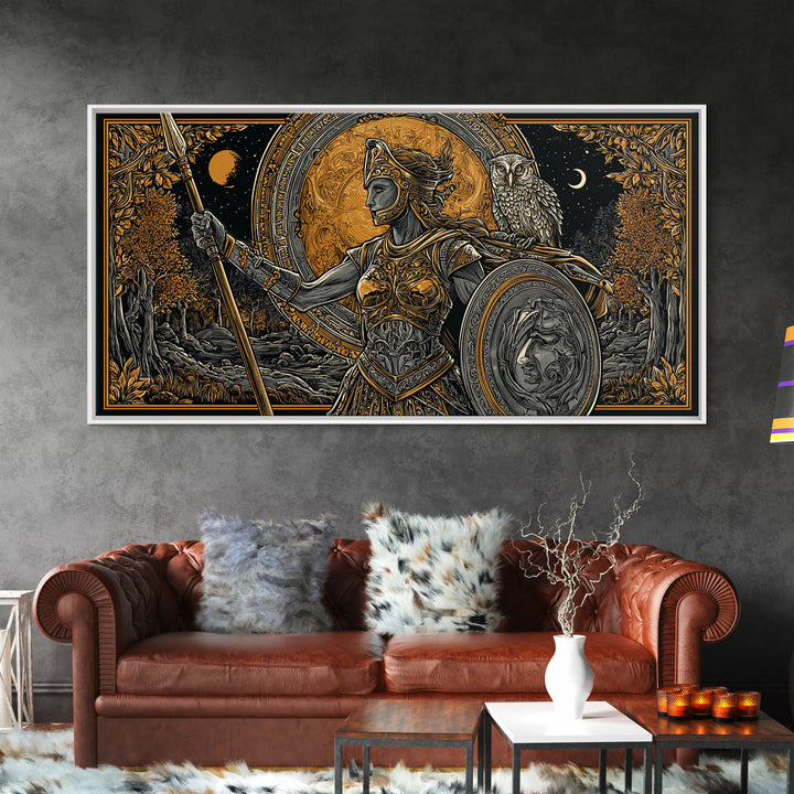 Gold Canvas Print Of Athena Greek Goddess Warrior, Ornate Armor And Owl, Mythology Forest Scene, Panoramic Greek Wall Decor