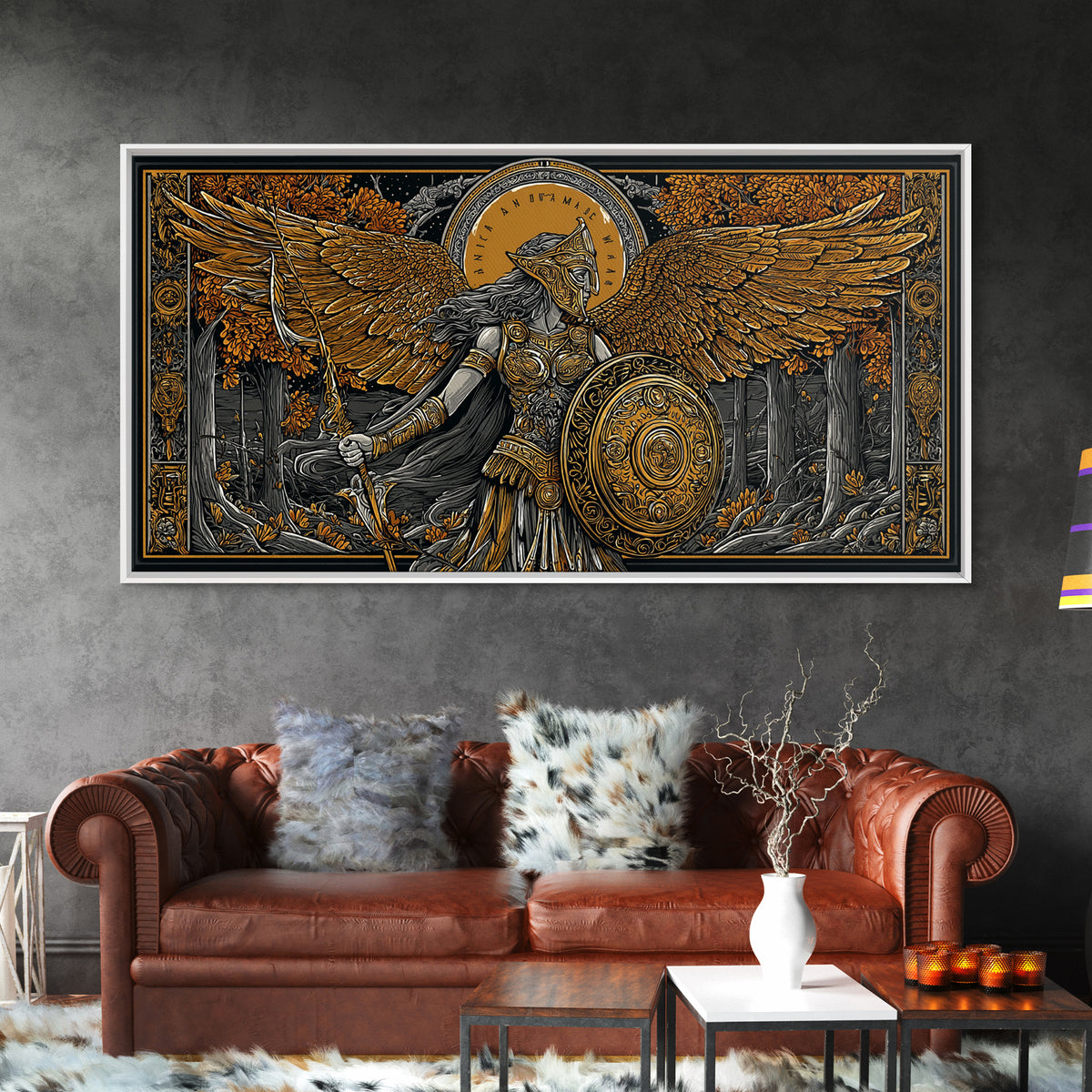 Gold Canvas Art Of Athena Greek Goddess Warrior With Wings, Detailed Shield And Spear, Golden Forest Scene, Panoramic Wall Print