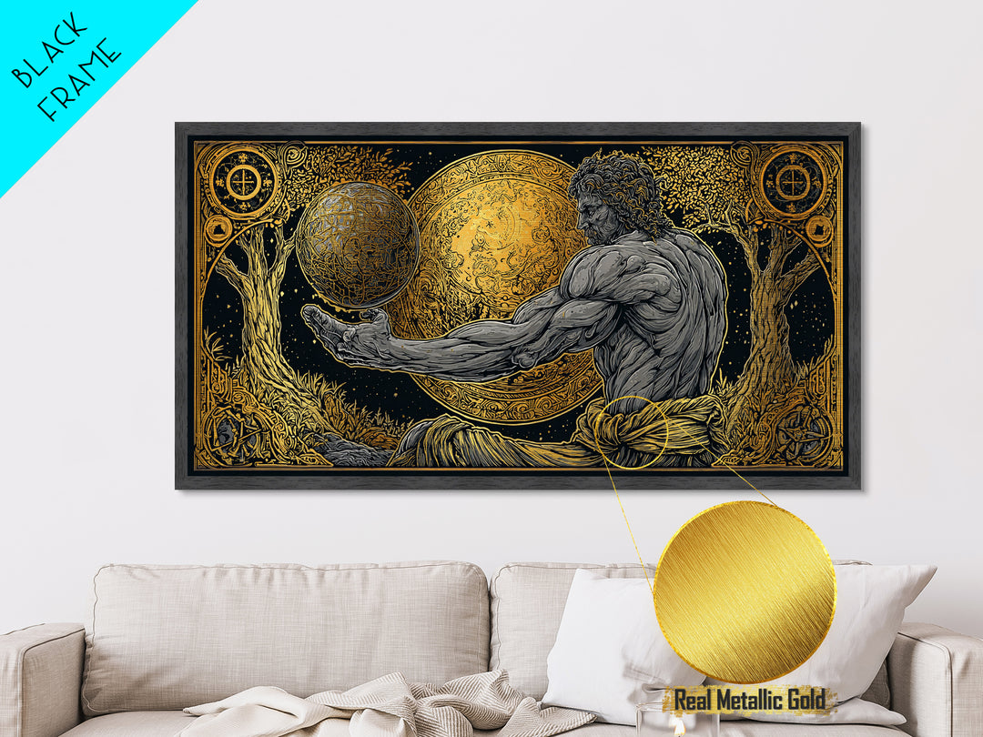Metallic Gold Metal Print Of Atlas Greek Titan Holding Celestial Sphere, Mythology Cosmic Scene, Panoramic Detailed Greek Wall Art