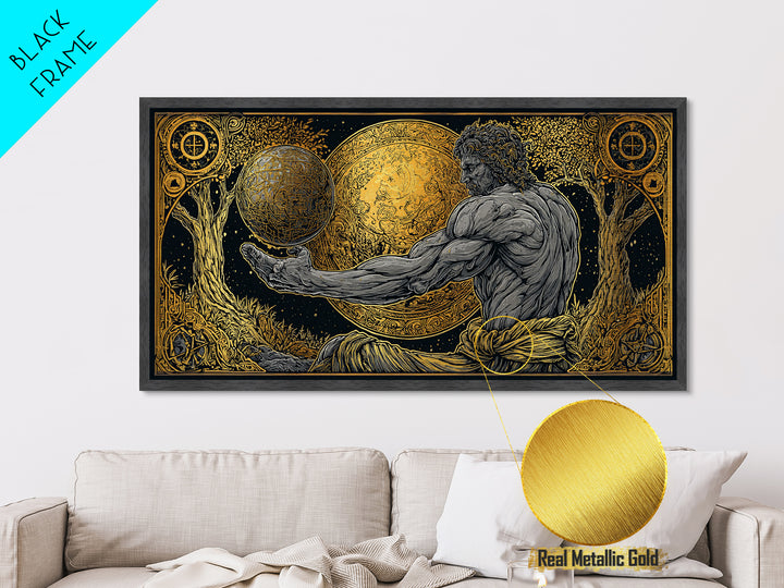 Metallic Gold Metal Print Of Atlas Greek Titan Holding Celestial Sphere, Mythology Cosmic Scene, Panoramic Detailed Greek Wall Art